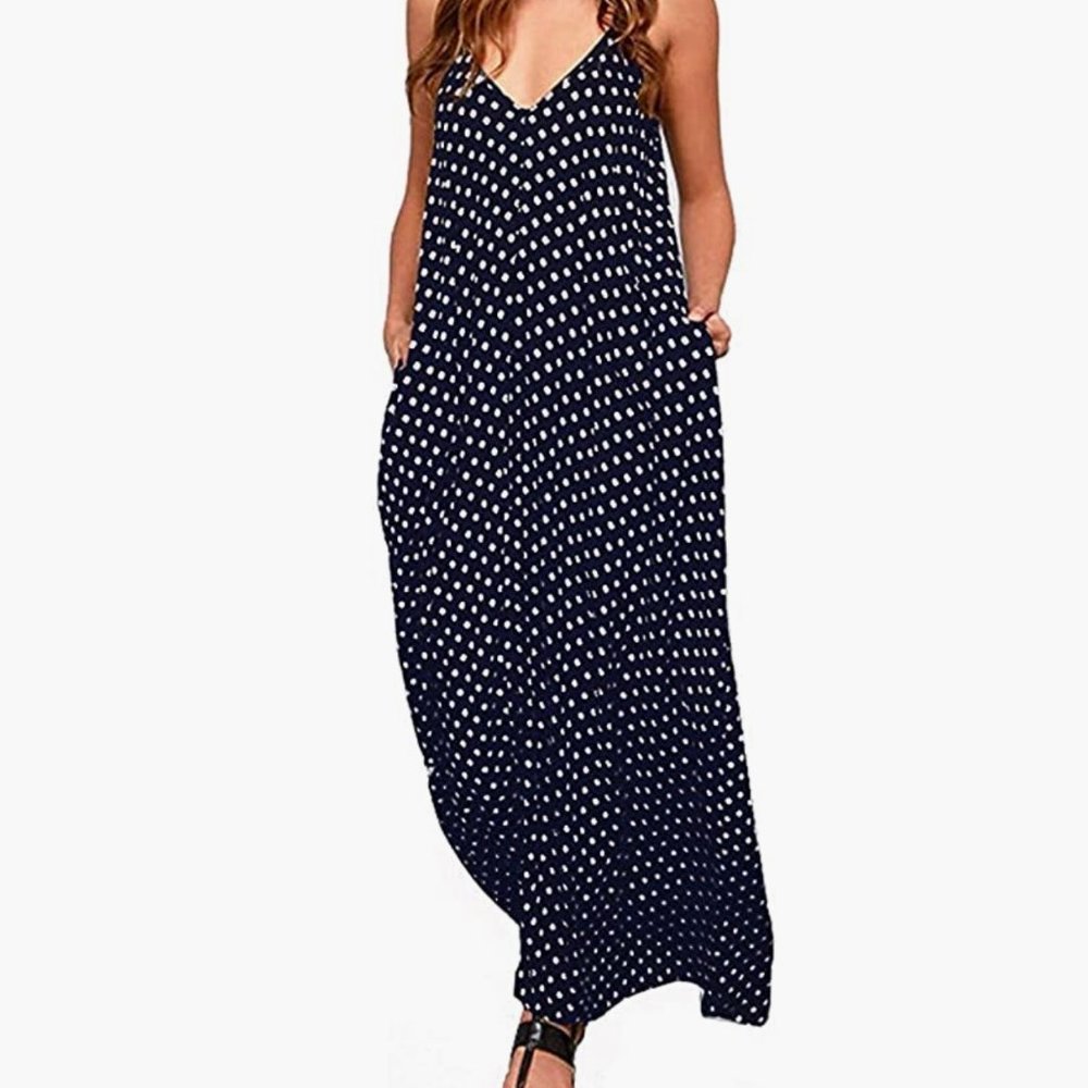 Navy and white polka dot maxi dress